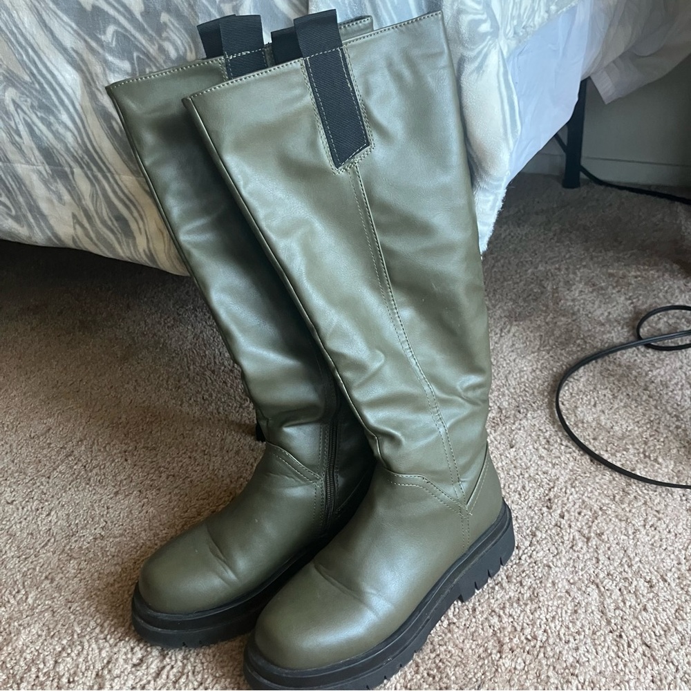 Olive Green chunky knee high Women's faux leather boots